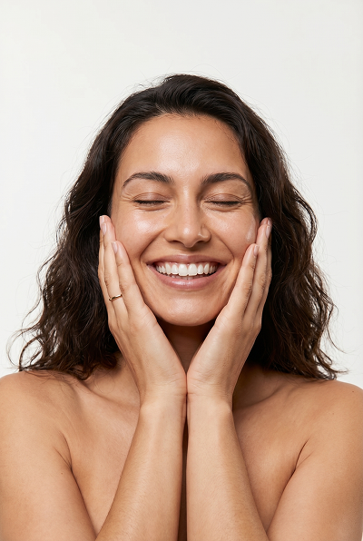Diverse group of people holding Cleanser Base, Serum Base, and Moisturizer Base bottles.